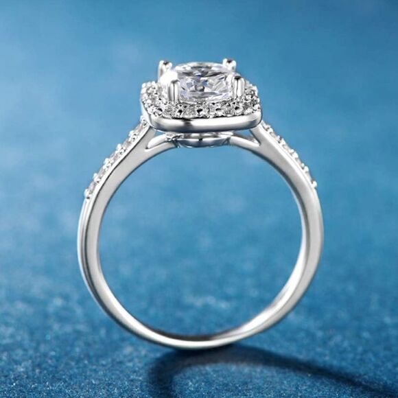 Silver Rhodium and White Diamond Cubic Zirconia Square Halo Ring - Picture 5 of 13